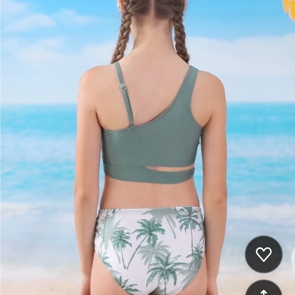 Girls Olive Green Three-Piece Bikini Set with Palm Print Wrap Size 10-12 Years - Picture 3 of 5